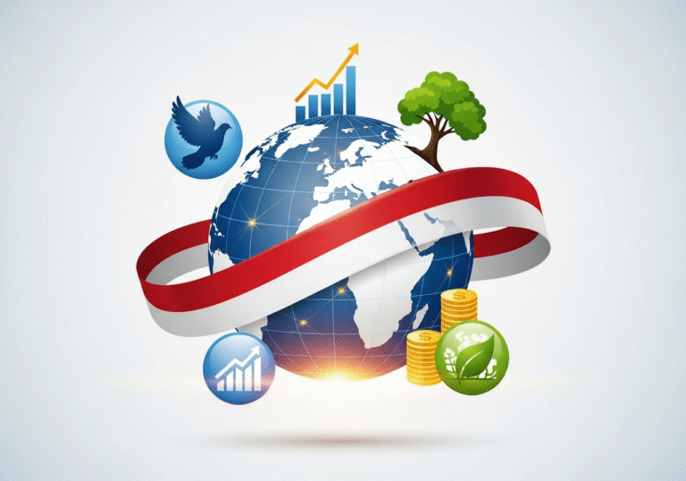 Diplomasi Total Indonesia Isu Global di panggung dunia, menampilkan simbol perdamaian, ekonomi, dan lingkungan.