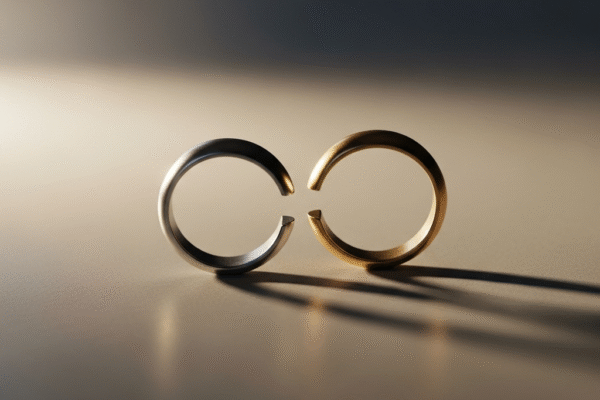 Dua cincin pernikahan yang terpisah, melambangkan perceraian Pratama Arhan dan Azizah Salsha.