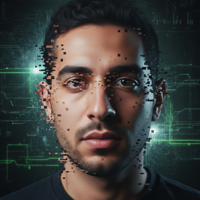 Wajah Raffi Ahmad terdistorsi digital, merepresentasikan deepfake dan penipuan online