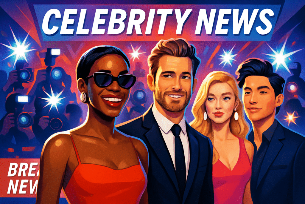Sorotan Terpanas Dunia Hiburan Ilustrasi dinamis berita viral artis global dengan selebriti tersenyum, kilatan kamera paparazzi, dan tulisan 'Celebrity News'