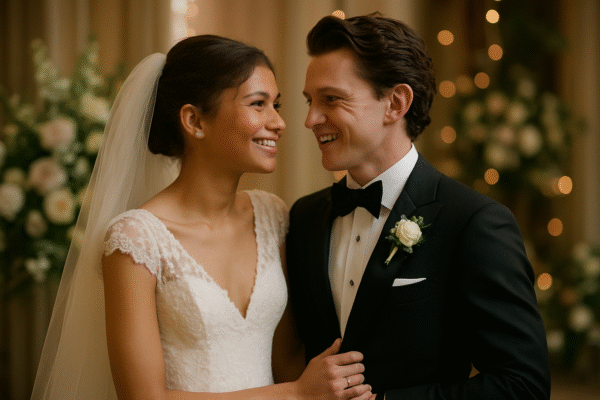 Zendaya dan Tom Holland tersenyum bahagia di hari pernikahan mereka