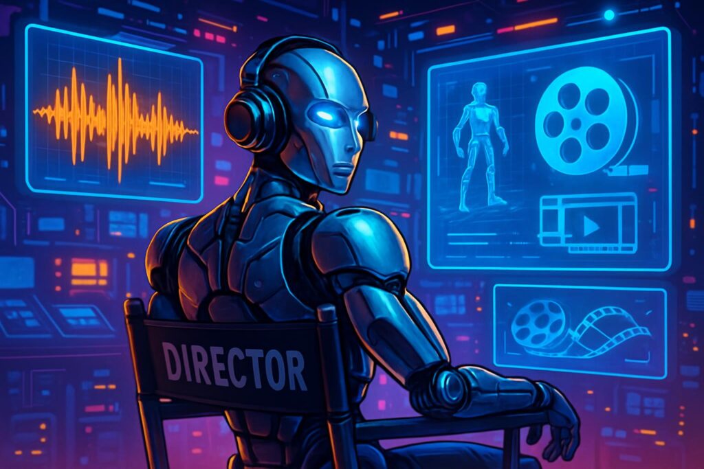 Ilustrasi AI generatif menciptakan konten hiburan, robot dengan headphone dan kamera di studio