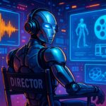 Ilustrasi AI generatif menciptakan konten hiburan, robot dengan headphone dan kamera di studio
