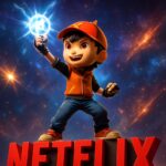 BoBoiBoy Galaxy memegang bola kekuatan di depan logo Netflix