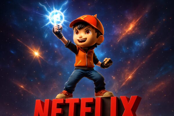 BoBoiBoy Galaxy memegang bola kekuatan di depan logo Netflix