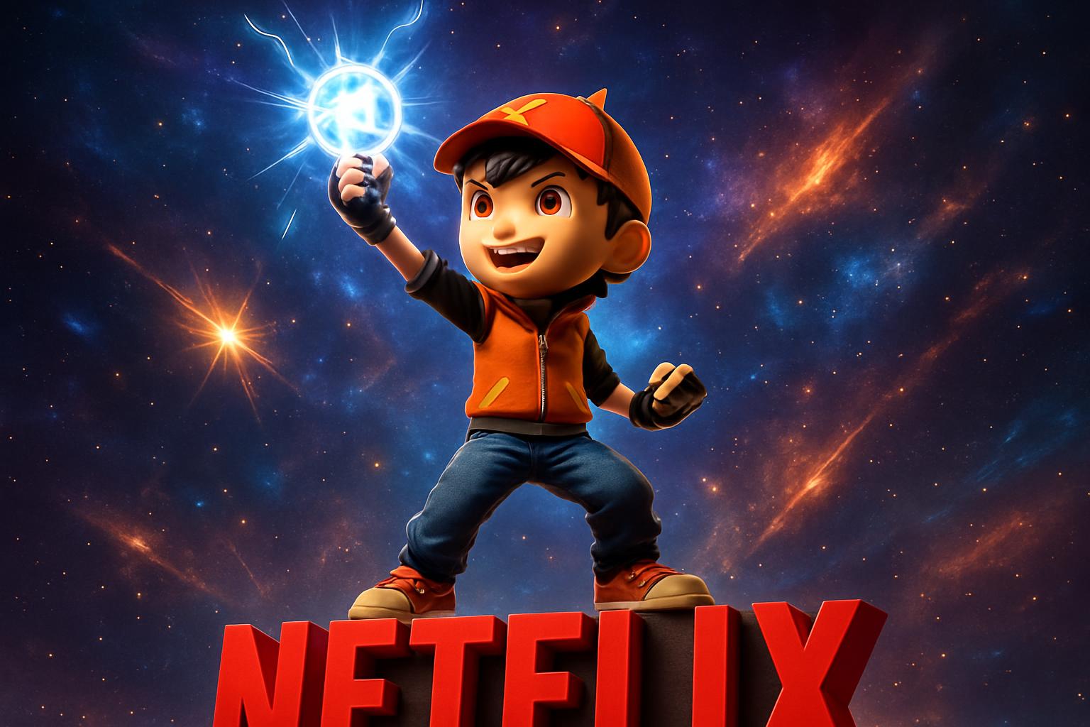BoBoiBoy Galaxy memegang bola kekuatan di depan logo Netflix