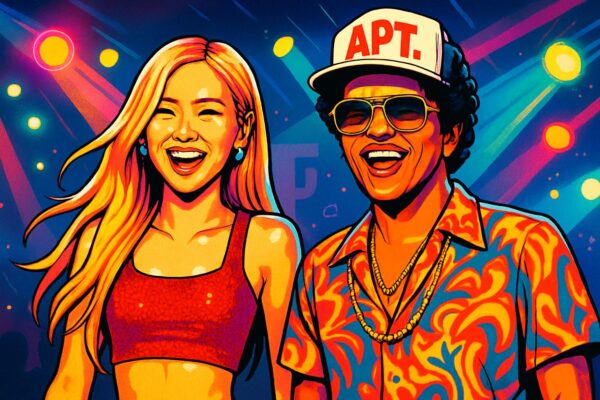 Ilustrasi pop art Rosé BLACKPINK dan Bruno Mars merayakan kesuksesan lagu APT