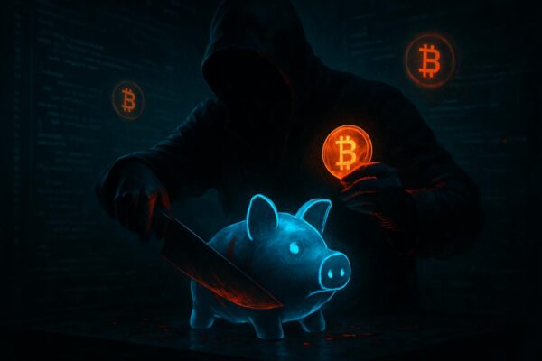 Ilustrasi skema penipuan kripto Sembelih Babi, peretas memegang pisau di depan celengan digital.