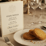 Menu jamuan Raja Charles III yang mencantumkan "Anzac Cookies" di samping biskuit Anzac asli.