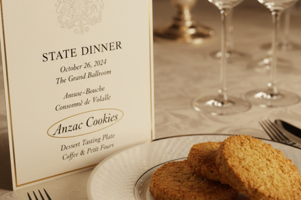 Menu jamuan Raja Charles III yang mencantumkan "Anzac Cookies" di samping biskuit Anzac asli.