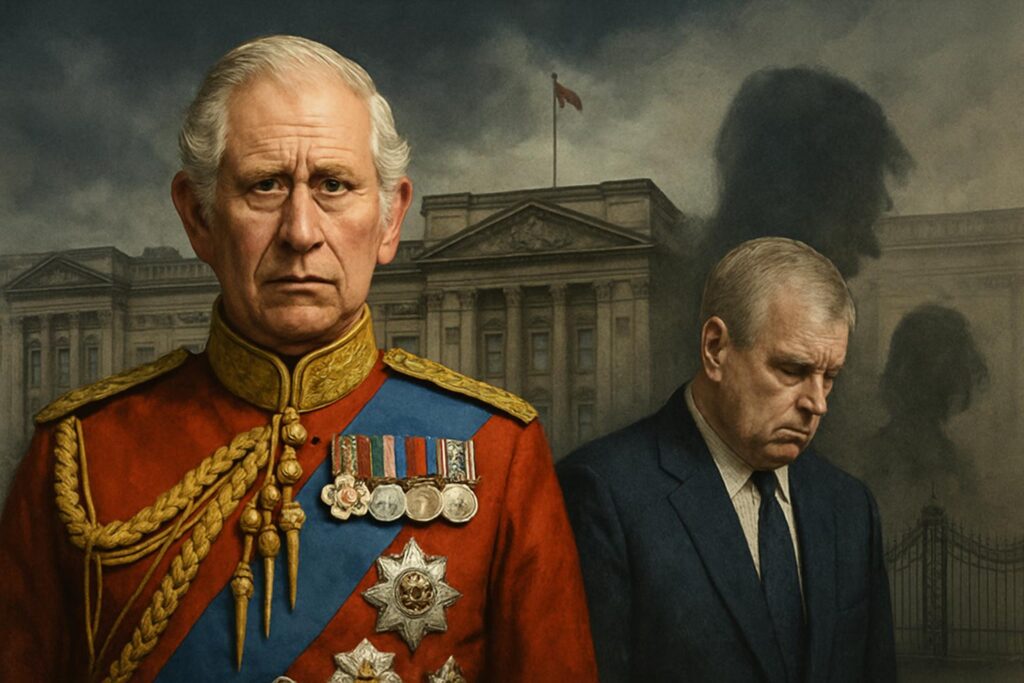 Ilustrasi Pangeran Andrew dan Raja Charles III di Istana Buckingham