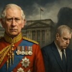 Ilustrasi Pangeran Andrew dan Raja Charles III di Istana Buckingham